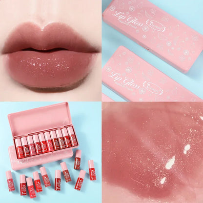 LuxeGloss 10-piece waterproof lip gloss kit with high-shine shimmering shades, pink packaging, and close-up lip swatch.