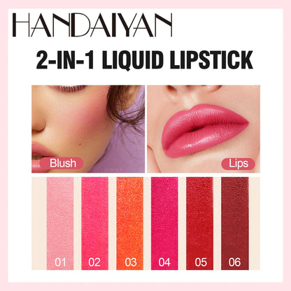 2-in-1 Handaiyan liquid lipstick and blush applied to lips and cheeks, with six vibrant stain color swatches.