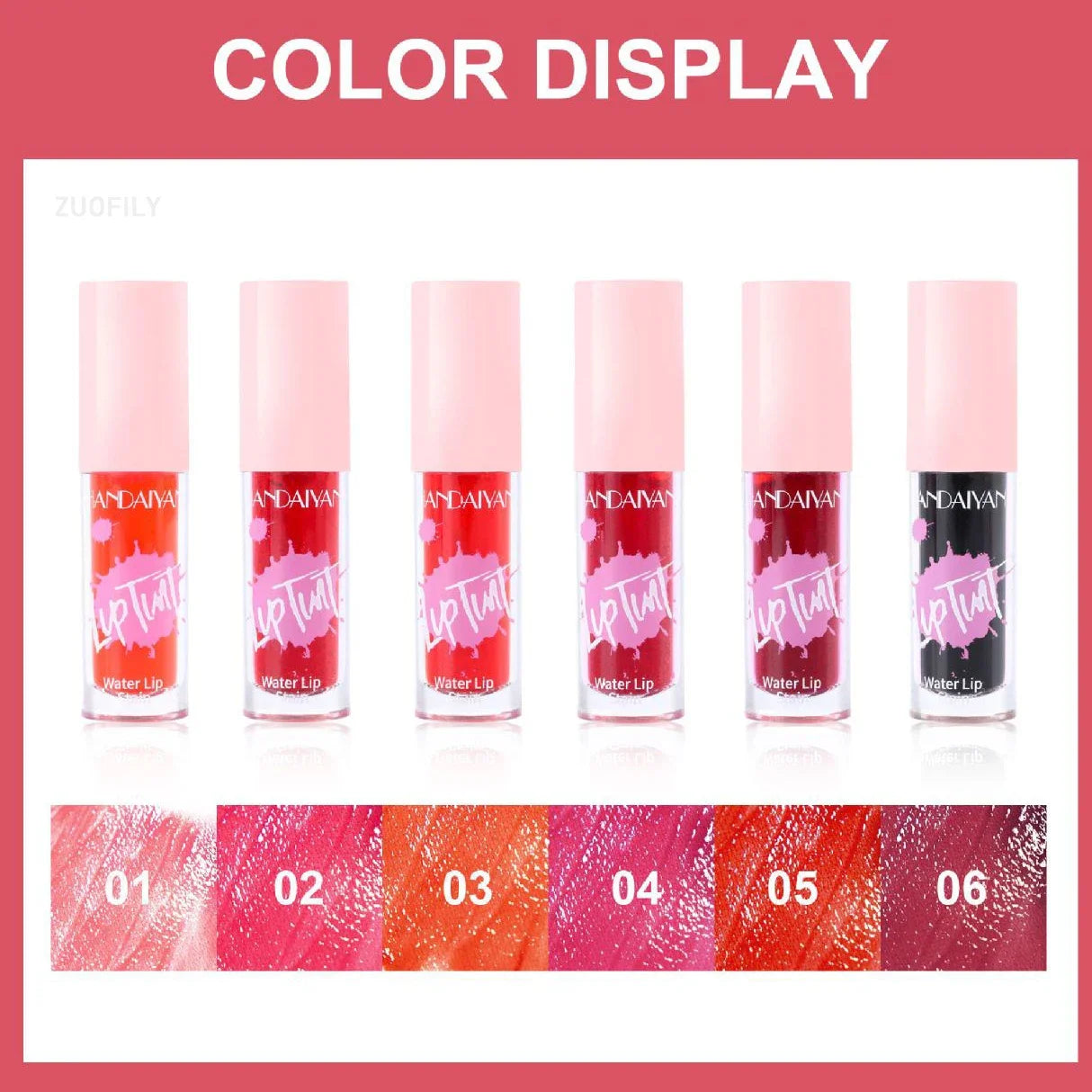 Color display of Fruit Juice long-lasting lip and cheek stains in six vibrant red, pink, and orange moisturizing shades.